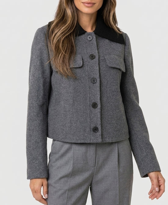
Cashmere Blend Jacket w/ Knit Collar in DARK GREY view 1