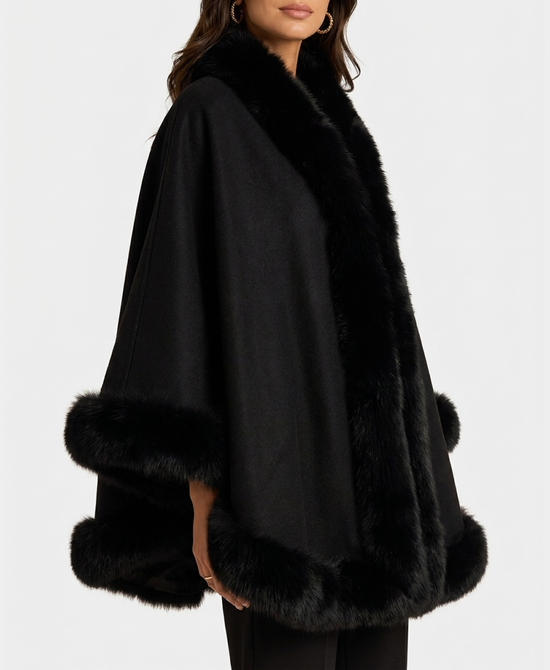 
Cashmere Blend Cape w/ Fox Fur Trim in BLACK view 1