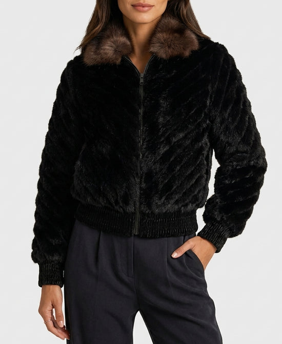 
Mink Fur Bomber Jacket w/ Fox Fur Trim Hood in BLACK/BROWN/SILVER view 1
