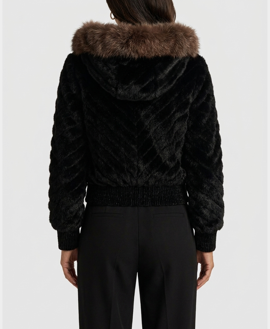 
Mink Fur Bomber Jacket w/ Fox Fur Trim Hood in BLACK/BROWN/SILVER view 2