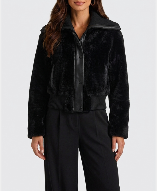 
Shearling & Knit Bomber Jacket in BLACK view 1