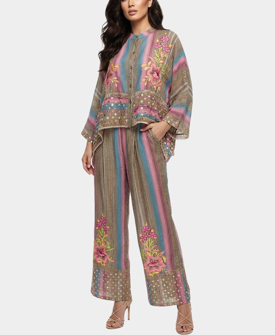 
Printed Top & Pants Set w/ Embroidery Detail & Sequins - 2 Pc Set in BEIGE MULTI view 1