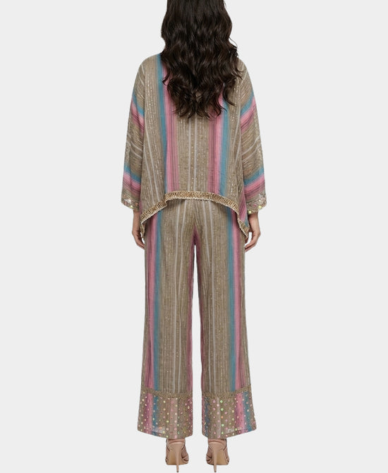 
Printed Top & Pants Set w/ Embroidery Detail & Sequins - 2 Pc Set in BEIGE MULTI view 2