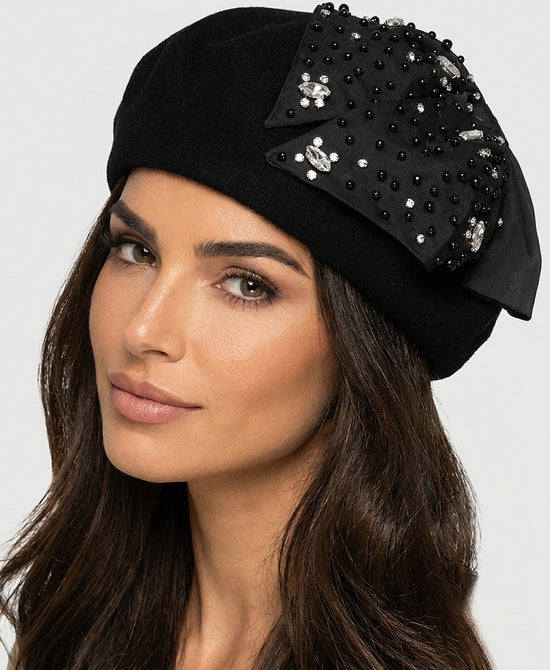 
Wool Beret w/ Jeweled Bow in BLACK view 1