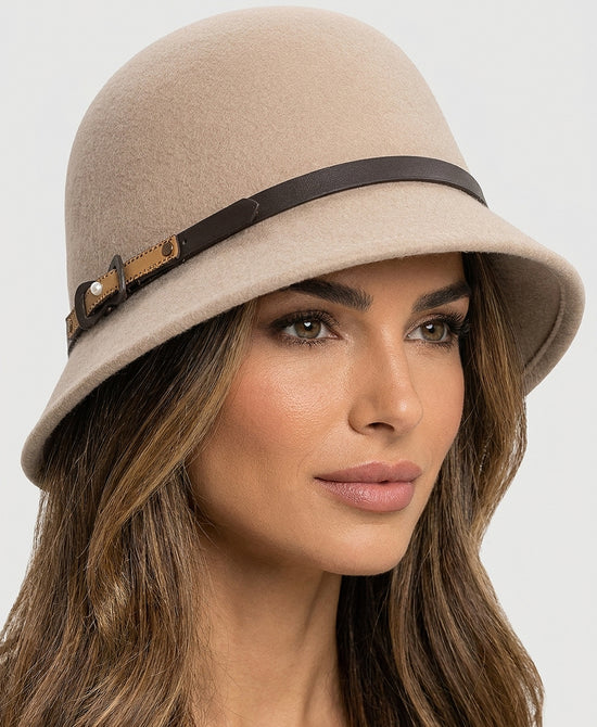 
Wool Fedora w/ Faux Leather Band in BEIGE view 1