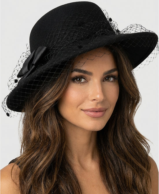 
Wool Hat w/ Ribbon & Netting in BLACK view 1