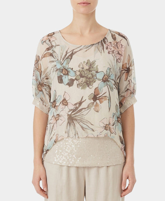 Floral Print Silk Top w/ Sequins view 1