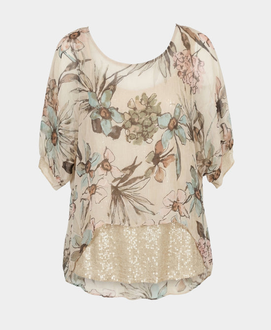 Floral Print Silk Top w/ Sequins view 2