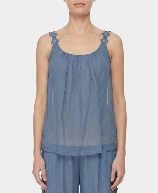 
Silk Top w/ Flower Straps in BLUE view 1
