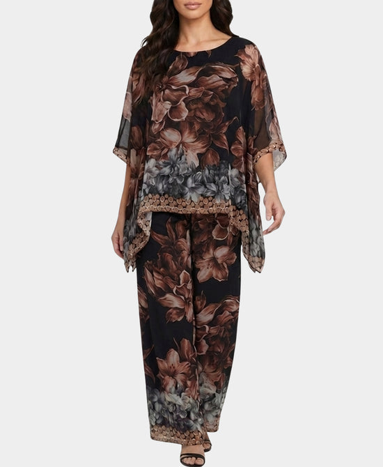
Silk Floral Blouse & Pants Set- 2 Pc Set in BLACK MULTI view 1