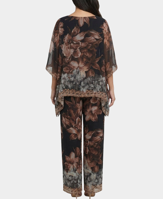 
Silk Floral Blouse & Pants Set- 2 Pc Set in BLACK MULTI view 2