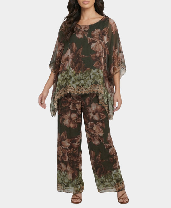 
Silk Floral Blouse & Pants Set- 2 Pc Set in OLIVE MULTI view 1
