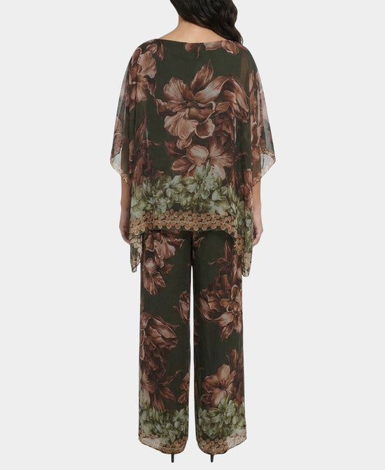 
Silk Floral Blouse & Pants Set- 2 Pc Set in OLIVE MULTI view 2