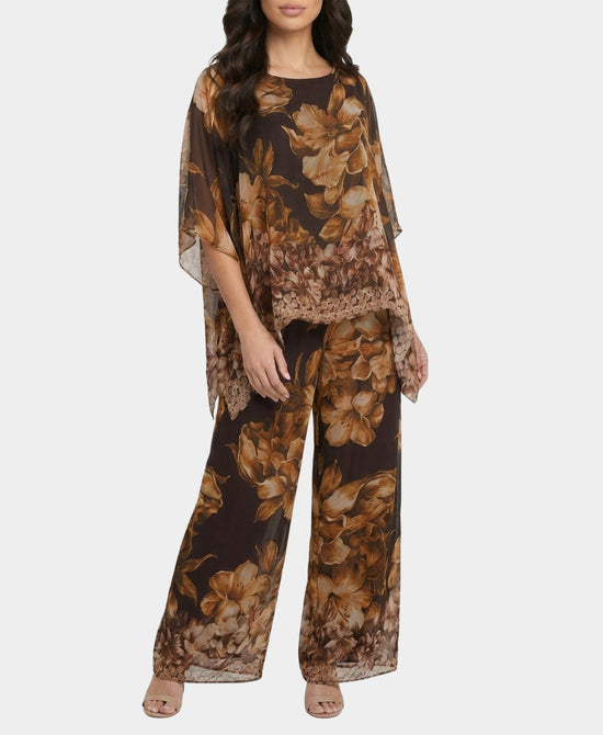 
Silk Floral Blouse & Pants Set- 2 Pc Set in BROWN MULTI view 1