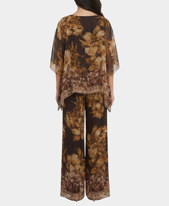 
Silk Floral Blouse & Pants Set- 2 Pc Set in BROWN MULTI view 2