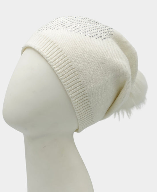 Cashmere Crystal Heart Slouch Hat w/ Fur Pom view 