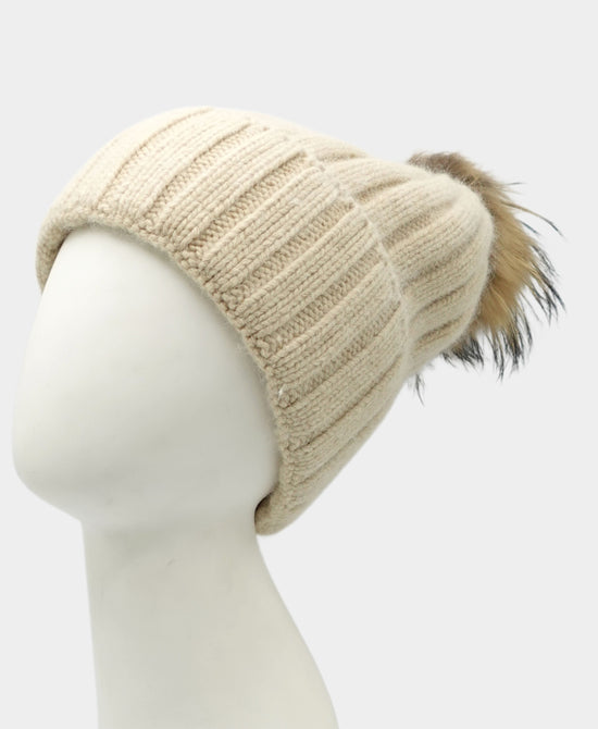 Cashmere Ribbed Hat w/ Fur Pom view 