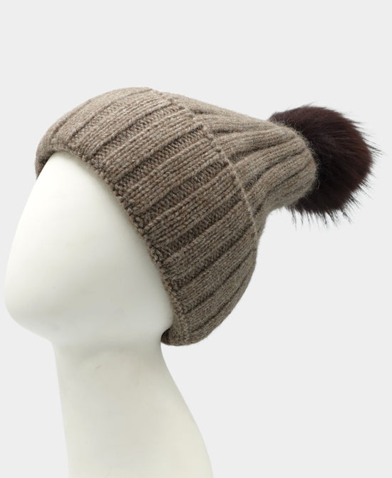 Cashmere Ribbed Hat w/ Fur Pom view 