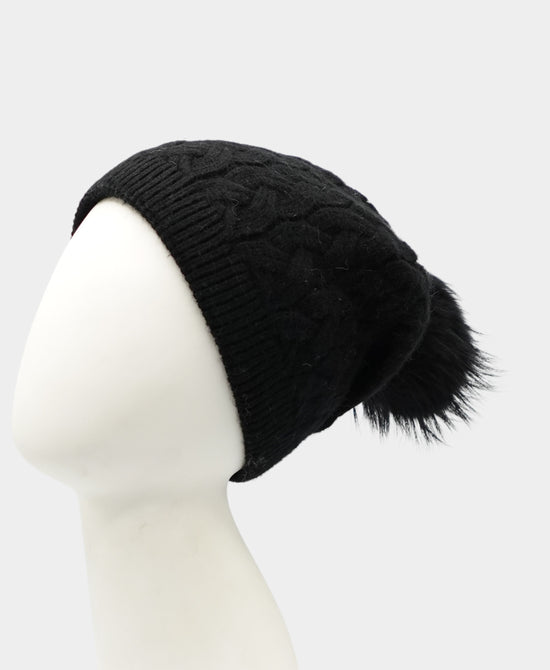 Cashmere Cable Knit Hat w/ Fur Pom view 