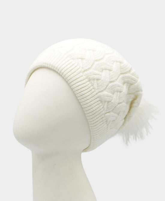 Cashmere Cable Knit Hat w/ Fur Pom view 