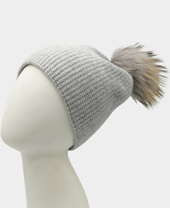 Cashmere Waffle Beanie Hat w/ Fur Pom view 