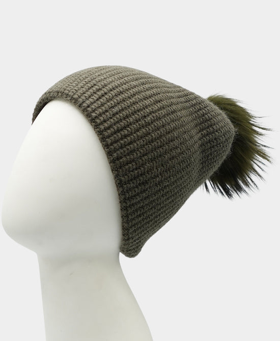 Cashmere Waffle Beanie Hat w/ Fur Pom view 