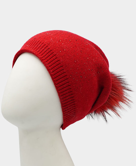 Cashmere Crystal Slouch Hat w/ Fur Pom view 