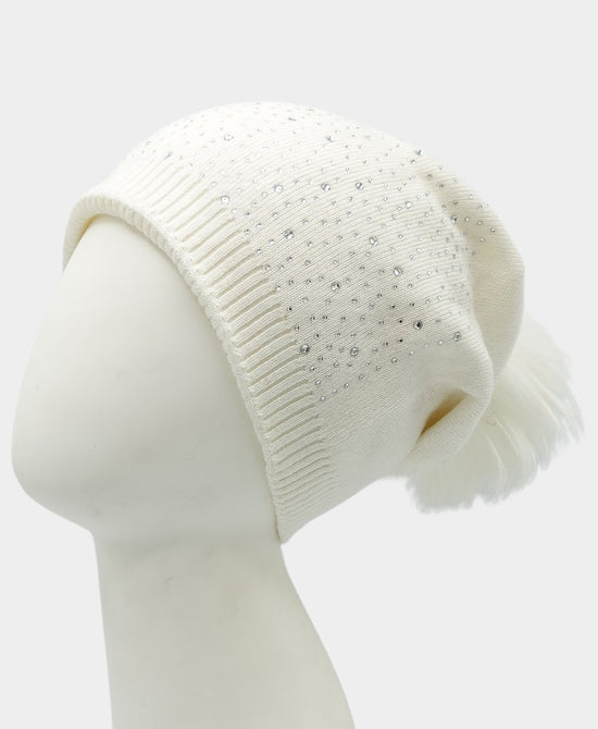 Cashmere Crystal Slouch Hat w/ Fur Pom view 