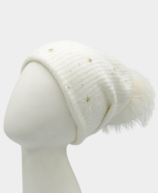 Cashmere Crystals & Star Slouch Hat w/ Fur Pom view 