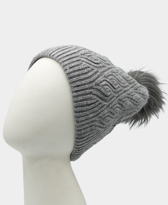 Cashmere Cable Knit Beanie Hat w/ Fur Pom view 