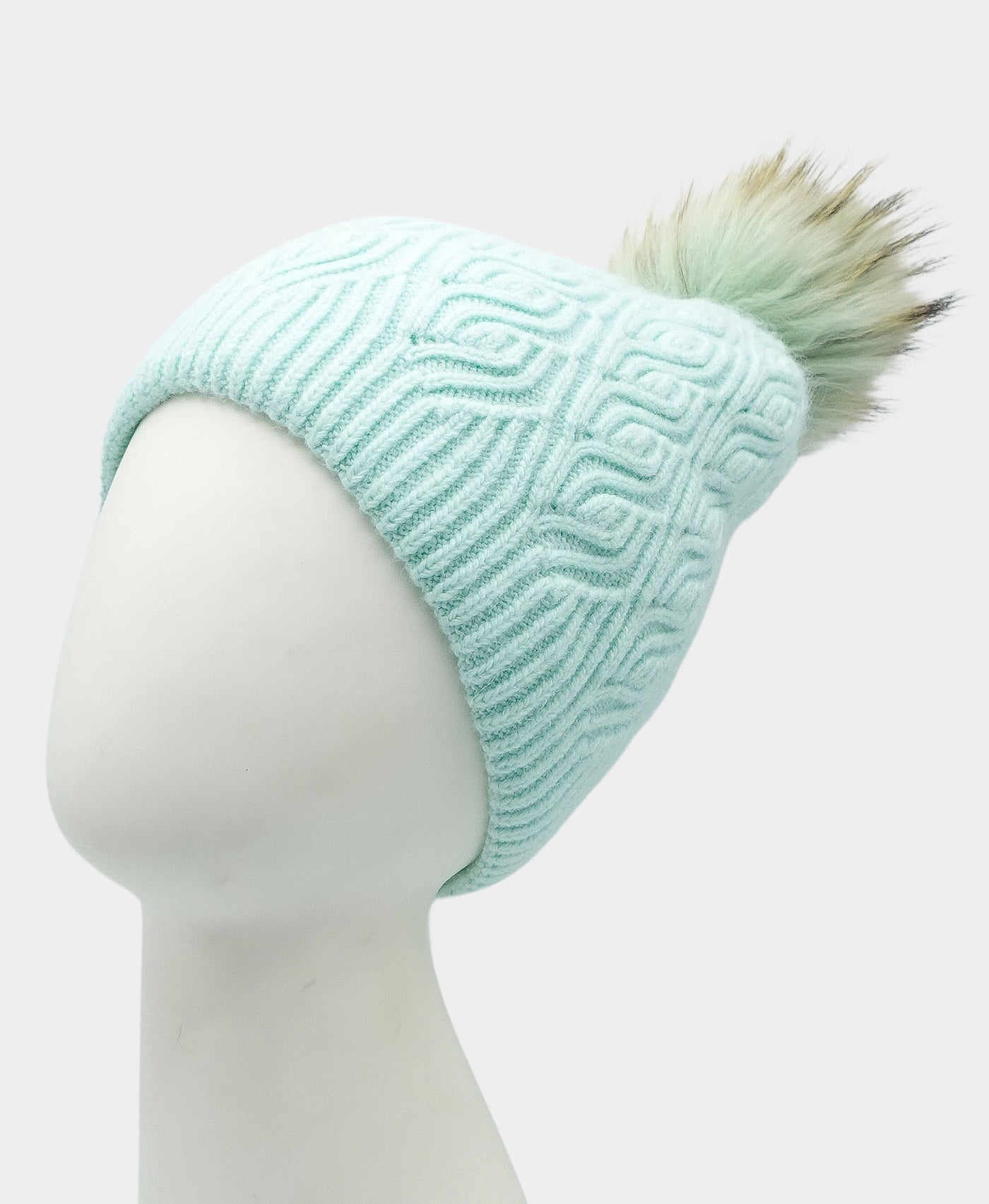 Cashmere Cable Knit Beanie Hat w/ Fur Pom view 1