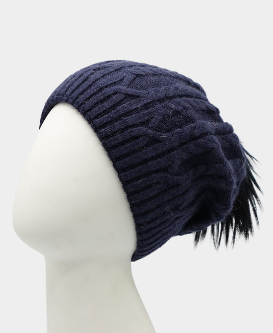 Cashmere Cable Knit Slouch Hat w/ Fur Pom view 