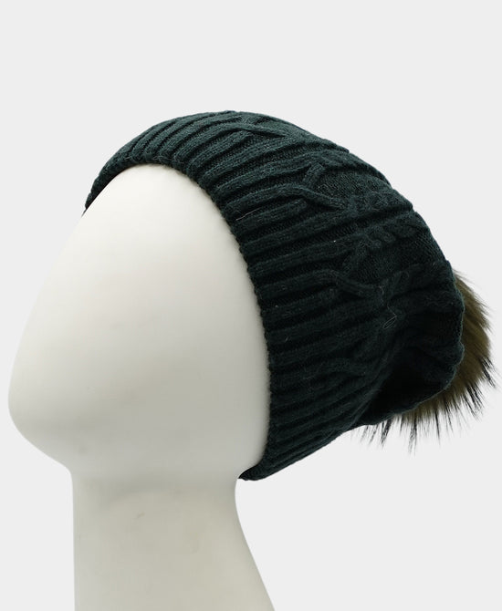 Cashmere Cable Knit Slouch Hat w/ Fur Pom view 