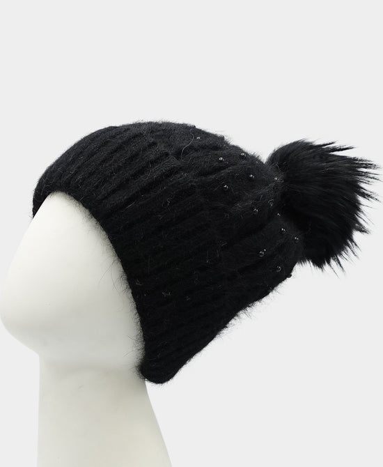 Cashmere Cable Knit Pearl Hat w/ Fur Pom view 