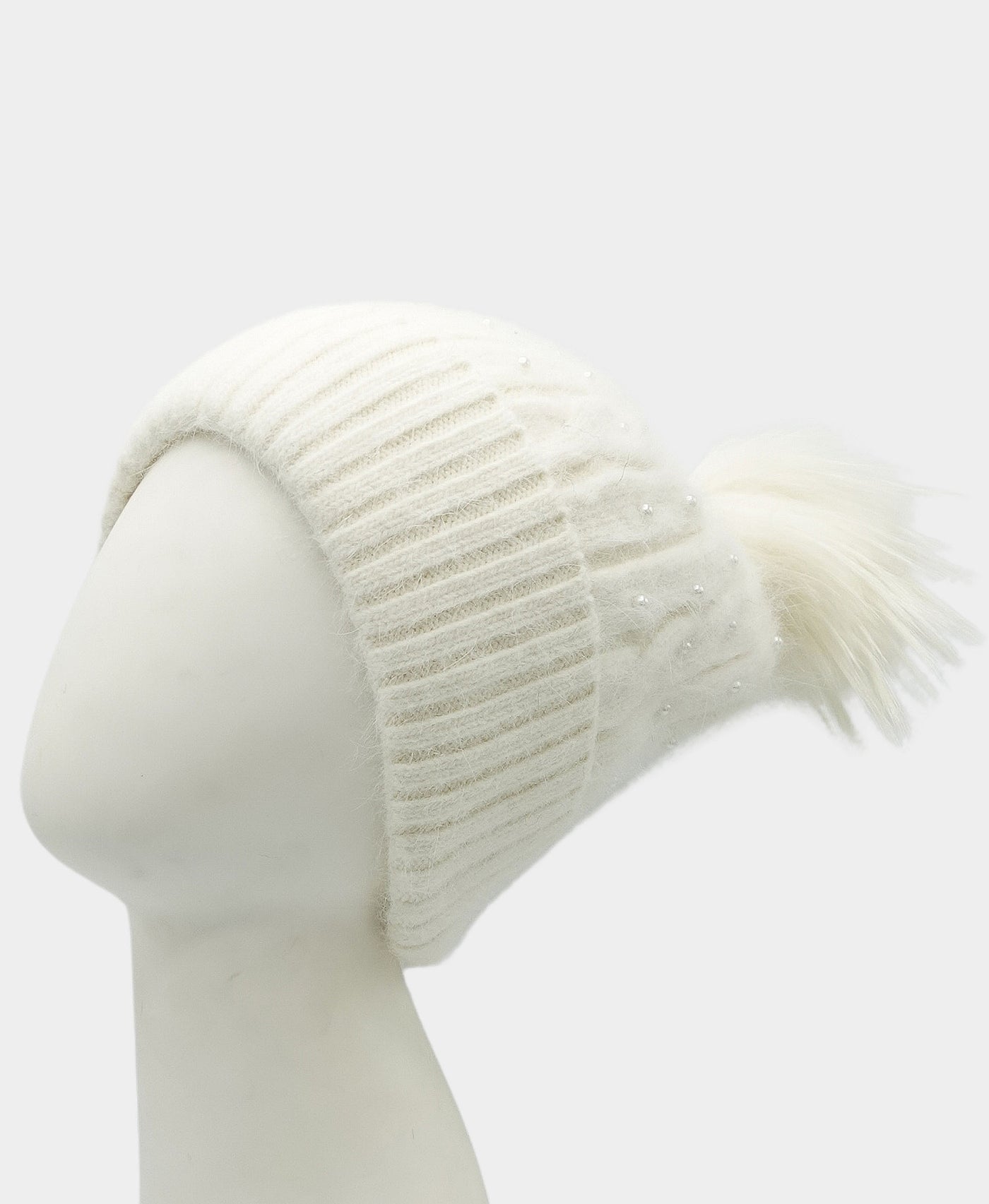 Cashmere Pearl Cable Knit Hat w/ Fur Pom view 1