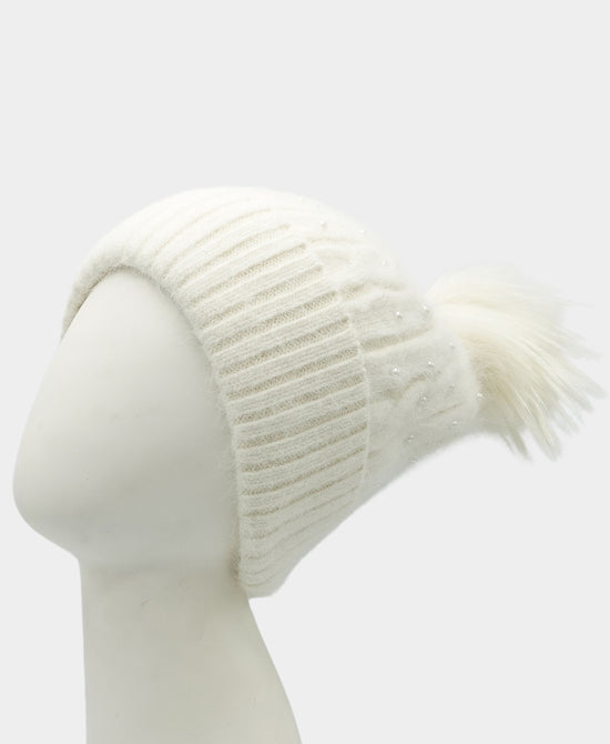 Cashmere Pearl Cable Knit Hat w/ Fur Pom view 