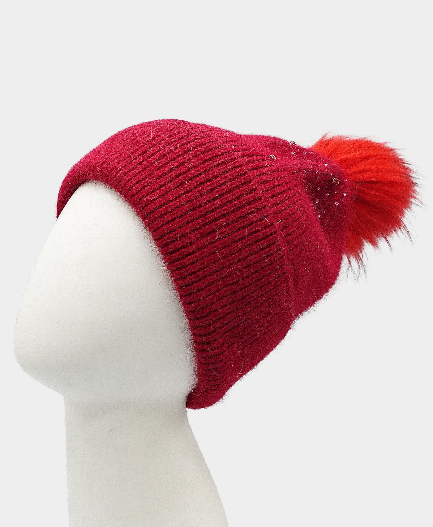 Cashmere Rhinestone Hat w/ Fur Pom view 1