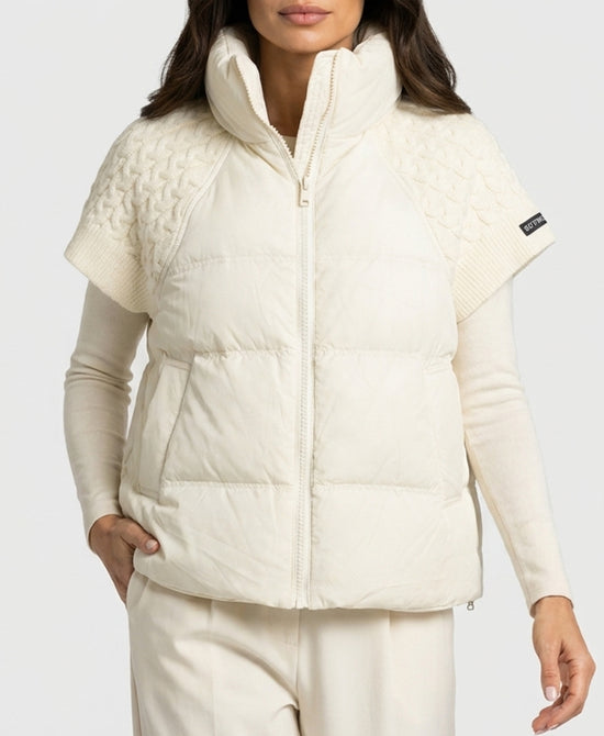 
Quilted Down Hooded Vest w/ Cable Knit Cap Sleeves in IVORY view 1