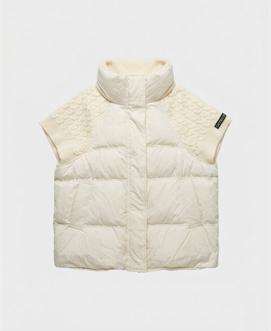 
Quilted Down Hooded Vest w/ Cable Knit Cap Sleeves in IVORY view 2
