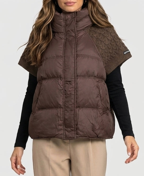 
Quilted Down Hooded Vest w/ Cable Knit Cap Sleeves in BROWN view 1