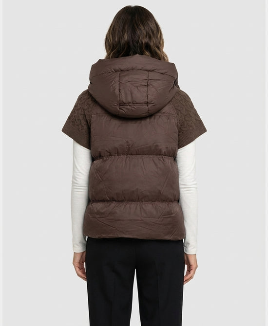
Quilted Down Hooded Vest w/ Cable Knit Cap Sleeves in BROWN view 2