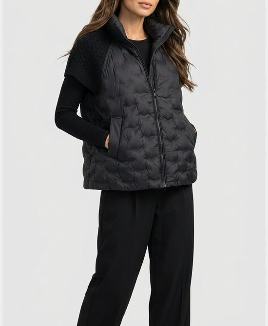 
Quilted Down Vest w/ Cable Knit Cap Sleeves in BLACK view 1