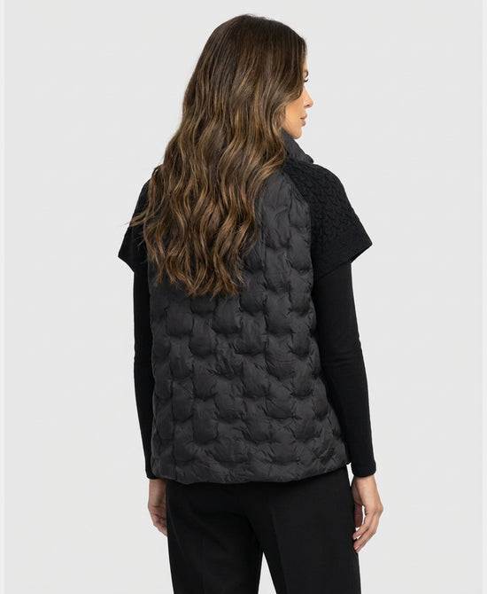 
Quilted Down Vest w/ Cable Knit Cap Sleeves in BLACK view 2
