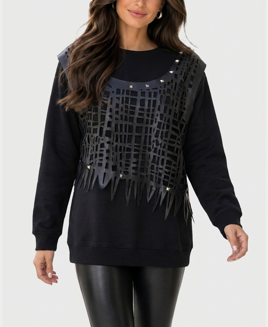 
Pleather Overlay Sweatshirt w/ Studs in BLACK view 1