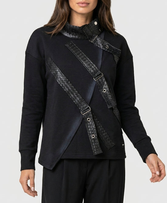 
Sweatshirt w/ Woven Pleather Straps & Trim in BLACK view 1