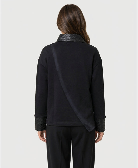 
Sweatshirt w/ Woven Pleather Straps & Trim in BLACK view 2