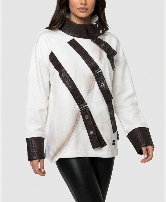 
Sweatshirt w/ Woven Pleather Straps & Trim in WHITE/BROWN view 1