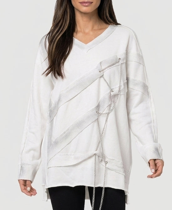 
Distressed Sweatshirt w/ Chains in WHITE view 1