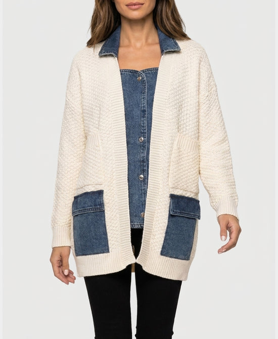 
Knit & Denim Combo Cardigan Sweater in IVORY/BLUE view 1