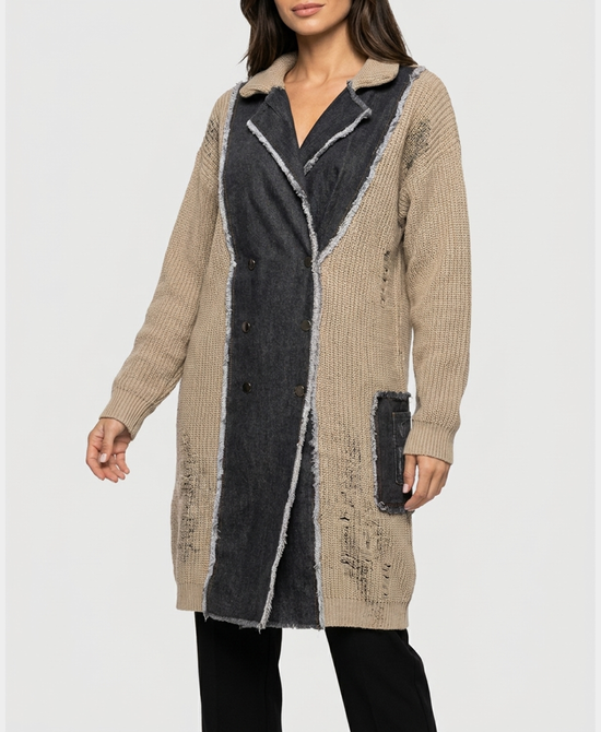 
Sweater Coat w/ Denim in CAMEL/BLACK view 1
